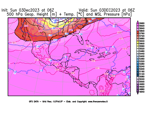 GFS analysi map - Geopotential + Temp. at 500 hPa + Sea Level Pressure in Central America
									on December 3, 2023 H06