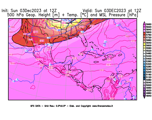 GFS analysi map - Geopotential + Temp. at 500 hPa + Sea Level Pressure in Central America
									on December 3, 2023 H12