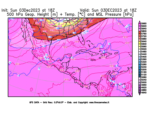 GFS analysi map - Geopotential + Temp. at 500 hPa + Sea Level Pressure in Central America
									on December 3, 2023 H18