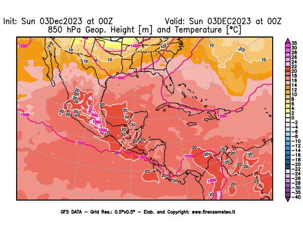 GFS analysi map - Geopotential and Temperature at 850 hPa in Central America
									on December 3, 2023 H00