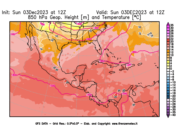 GFS analysi map - Geopotential and Temperature at 850 hPa in Central America
									on December 3, 2023 H12