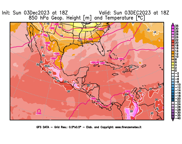 GFS analysi map - Geopotential and Temperature at 850 hPa in Central America
									on December 3, 2023 H18