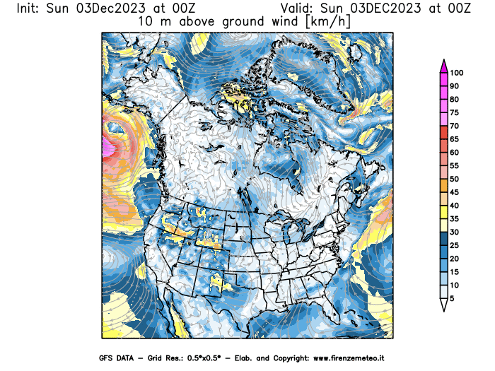 Mappa di analisi GFS - Velocità del vento a 10 metri dal suolo in Nord-America
							del 3 dicembre 2023 z00