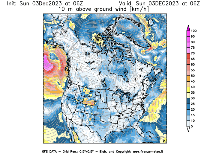 Mappa di analisi GFS - Velocità del vento a 10 metri dal suolo in Nord-America
							del 3 dicembre 2023 z06