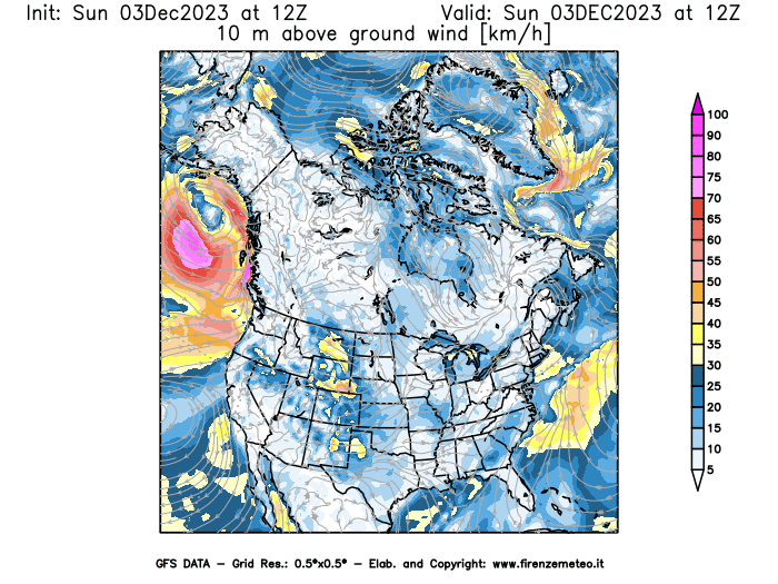 Mappa di analisi GFS - Velocità del vento a 10 metri dal suolo in Nord-America
							del 3 dicembre 2023 z12