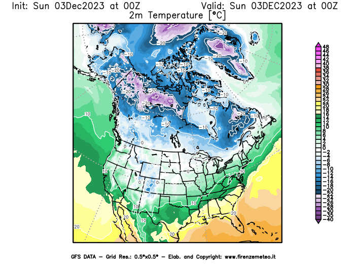 Mappa di analisi GFS - Temperatura a 2 metri dal suolo in Nord-America
							del 3 dicembre 2023 z00