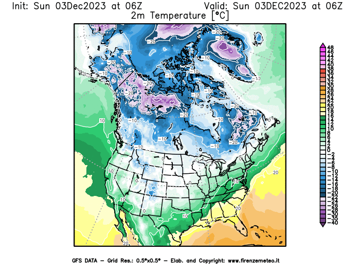 Mappa di analisi GFS - Temperatura a 2 metri dal suolo in Nord-America
							del 3 dicembre 2023 z06