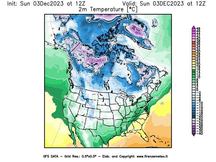 Mappa di analisi GFS - Temperatura a 2 metri dal suolo in Nord-America
							del 3 dicembre 2023 z12