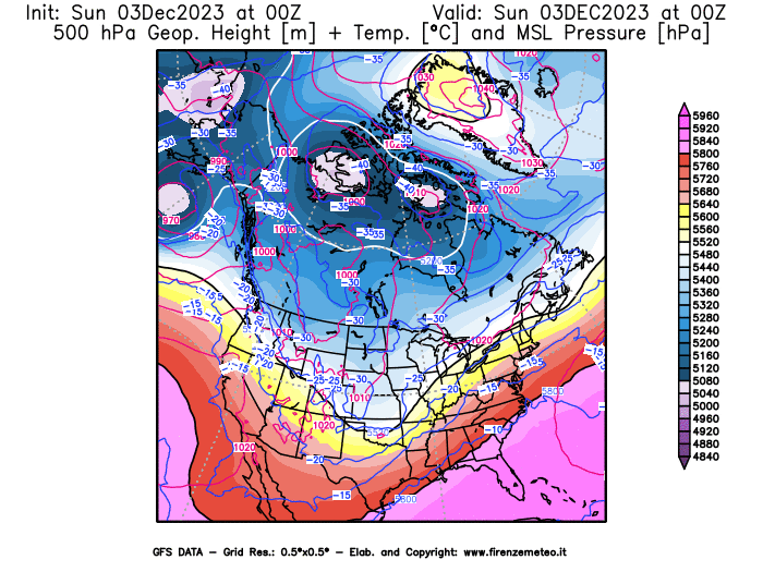 GFS analysi map - Geopotential + Temp. at 500 hPa + Sea Level Pressure in North America
									on December 3, 2023 H00