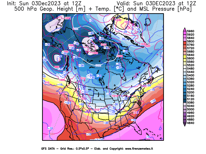 GFS analysi map - Geopotential + Temp. at 500 hPa + Sea Level Pressure in North America
									on December 3, 2023 H12