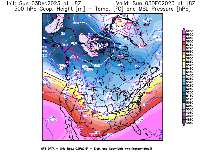GFS analysi map - Geopotential + Temp. at 500 hPa + Sea Level Pressure in North America
									on December 3, 2023 H18