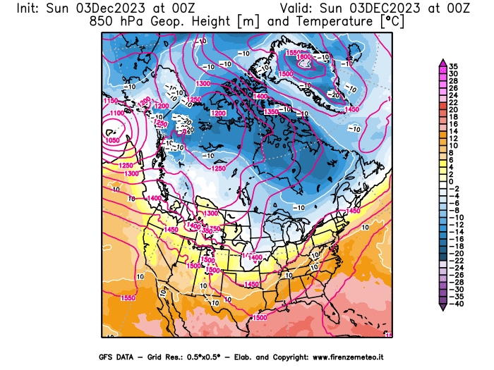 GFS analysi map - Geopotential and Temperature at 850 hPa in North America
									on December 3, 2023 H00