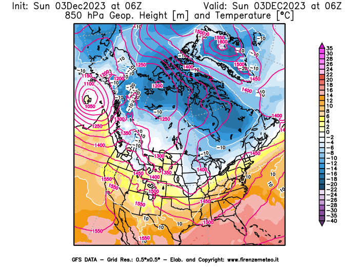 GFS analysi map - Geopotential and Temperature at 850 hPa in North America
									on December 3, 2023 H06
