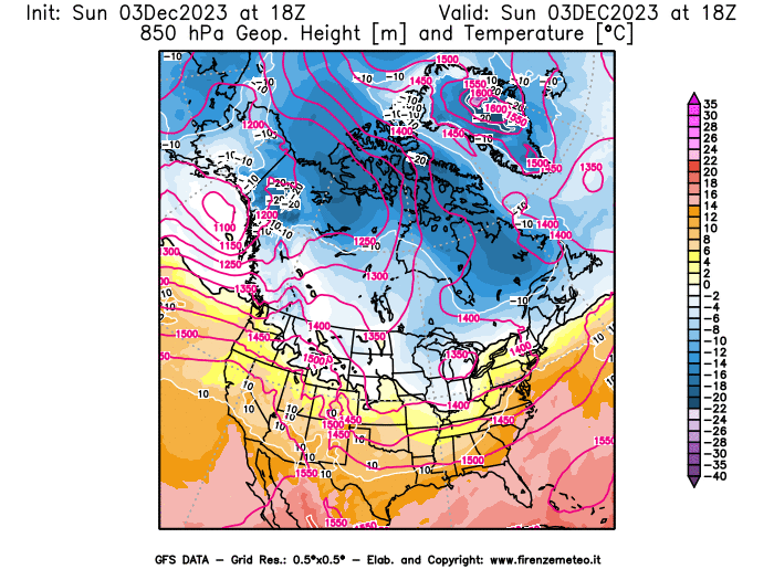 GFS analysi map - Geopotential and Temperature at 850 hPa in North America
									on December 3, 2023 H18