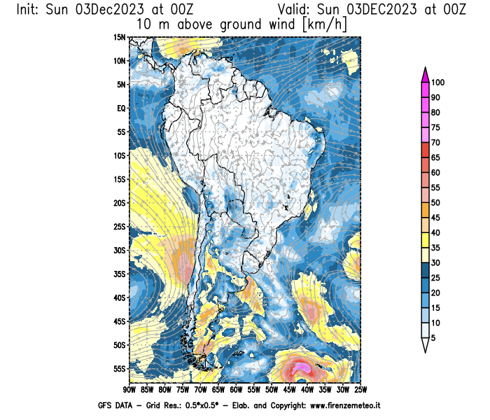 Mappa di analisi GFS - Velocità del vento a 10 metri dal suolo in Sud-America
							del 3 dicembre 2023 z00