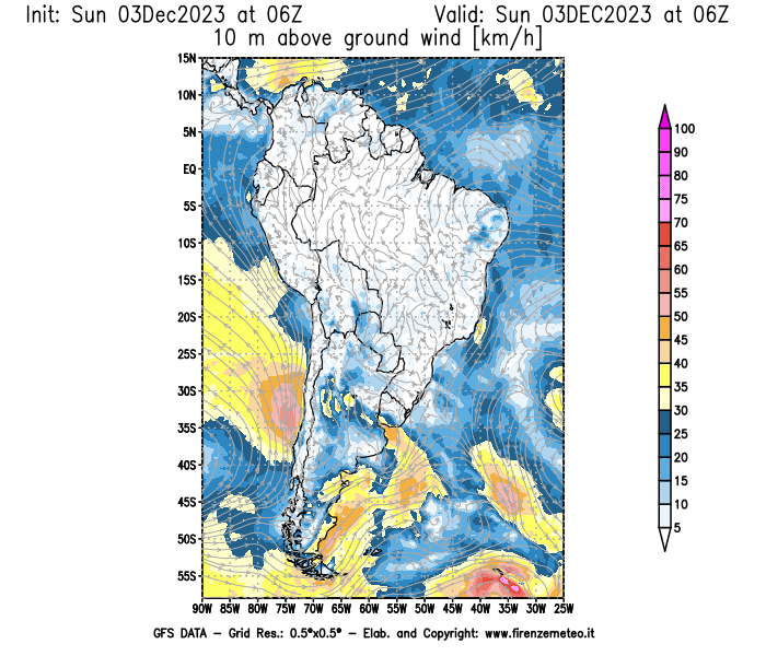 Mappa di analisi GFS - Velocità del vento a 10 metri dal suolo in Sud-America
							del 3 dicembre 2023 z06