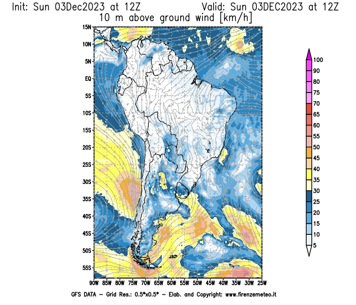 Mappa di analisi GFS - Velocità del vento a 10 metri dal suolo in Sud-America
							del 3 dicembre 2023 z12