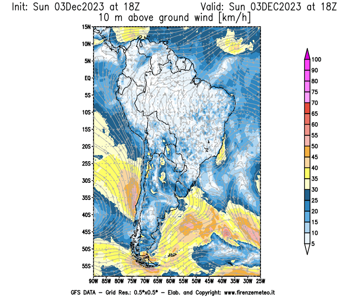 Mappa di analisi GFS - Velocità del vento a 10 metri dal suolo in Sud-America
							del 3 dicembre 2023 z18