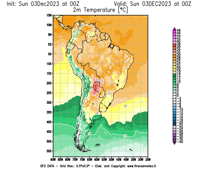 Mappa di analisi GFS - Temperatura a 2 metri dal suolo in Sud-America
							del 3 dicembre 2023 z00