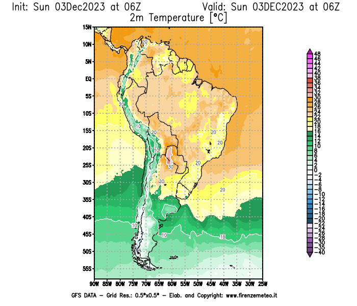 Mappa di analisi GFS - Temperatura a 2 metri dal suolo in Sud-America
							del 3 dicembre 2023 z06