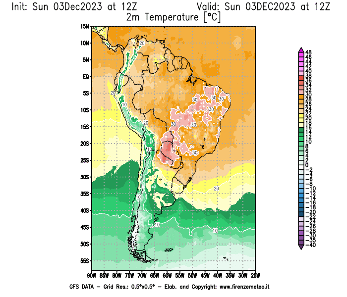 Mappa di analisi GFS - Temperatura a 2 metri dal suolo in Sud-America
							del 3 dicembre 2023 z12