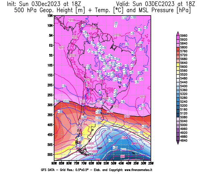 GFS analysi map - Geopotential + Temp. at 500 hPa + Sea Level Pressure in South America
									on December 3, 2023 H18