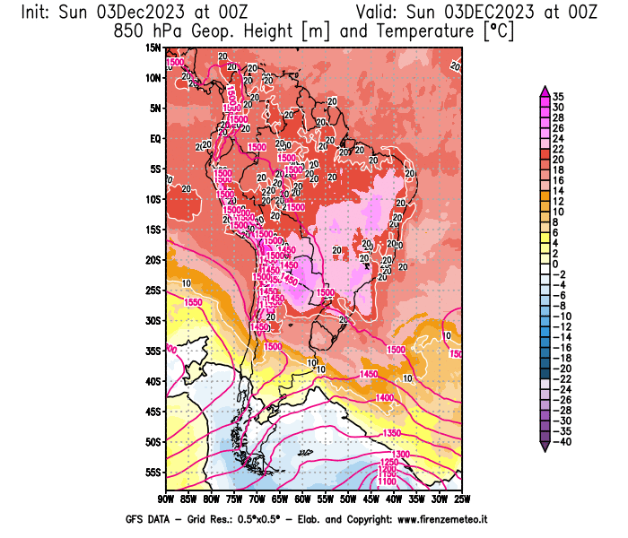 Mappa di analisi GFS - Geopotenziale e Temperatura a 850 hPa in Sud-America
							del 3 dicembre 2023 z00