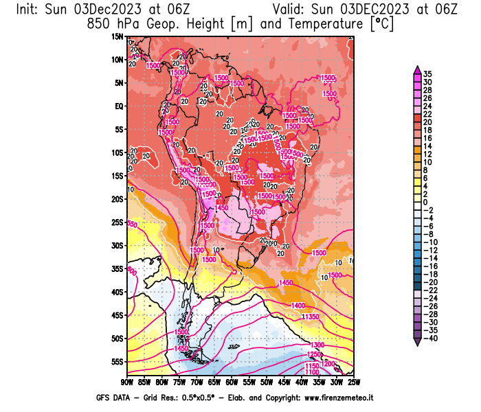 GFS analysi map - Geopotential and Temperature at 850 hPa in South America
									on December 3, 2023 H06