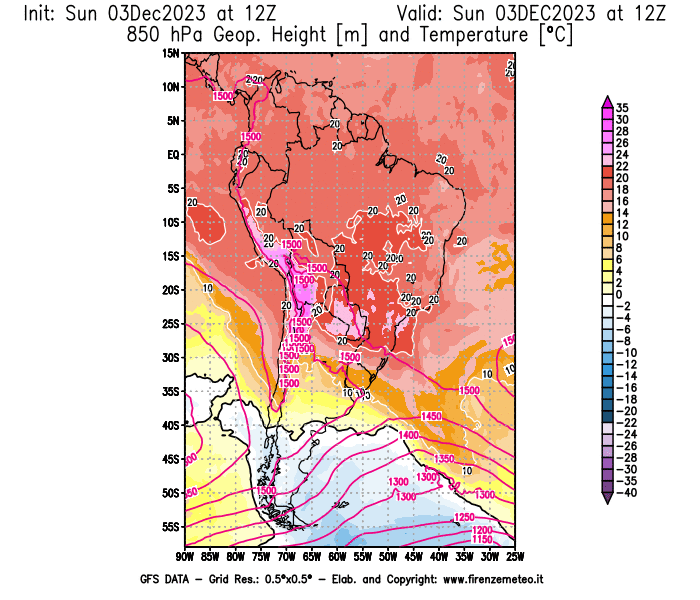 GFS analysi map - Geopotential and Temperature at 850 hPa in South America
									on December 3, 2023 H12