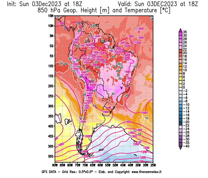 GFS analysi map - Geopotential and Temperature at 850 hPa in South America
									on December 3, 2023 H18