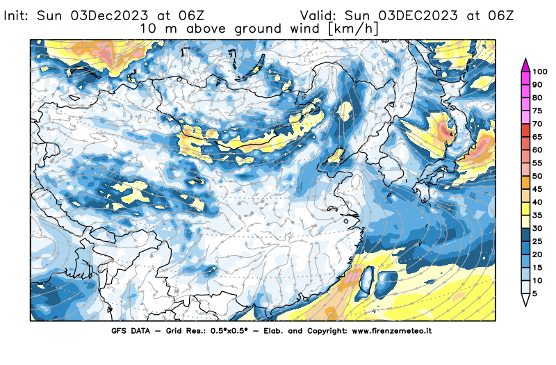 Mappa di analisi GFS - Velocità del vento a 10 metri dal suolo in Asia Orientale
							del 3 dicembre 2023 z06