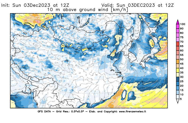 Mappa di analisi GFS - Velocità del vento a 10 metri dal suolo in Asia Orientale
							del 3 dicembre 2023 z12