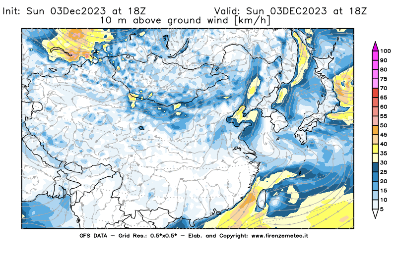 Mappa di analisi GFS - Velocità del vento a 10 metri dal suolo in Asia Orientale
							del 3 dicembre 2023 z18
