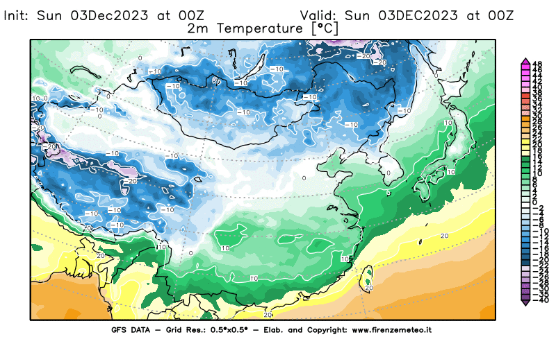 Mappa di analisi GFS - Temperatura a 2 metri dal suolo in Asia Orientale
							del 3 dicembre 2023 z00