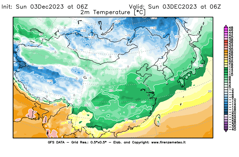 Mappa di analisi GFS - Temperatura a 2 metri dal suolo in Asia Orientale
							del 3 dicembre 2023 z06