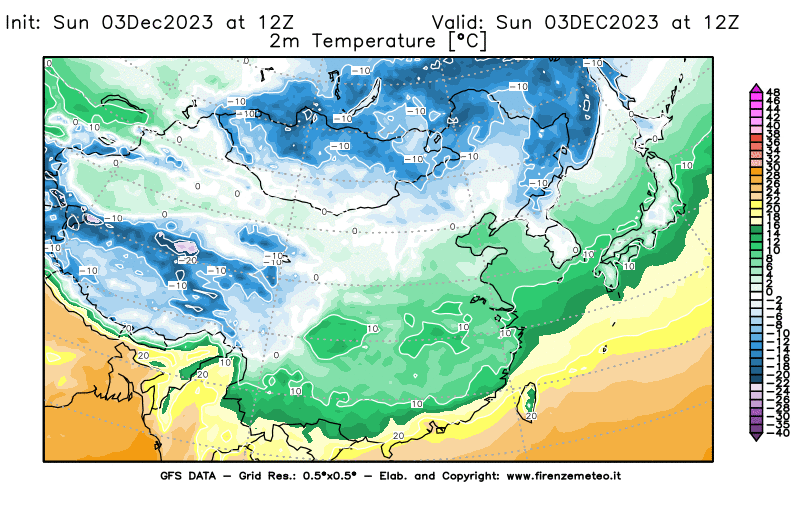 GFS analysi map - Temperature at 2 m above ground in East Asia
									on December 3, 2023 H12