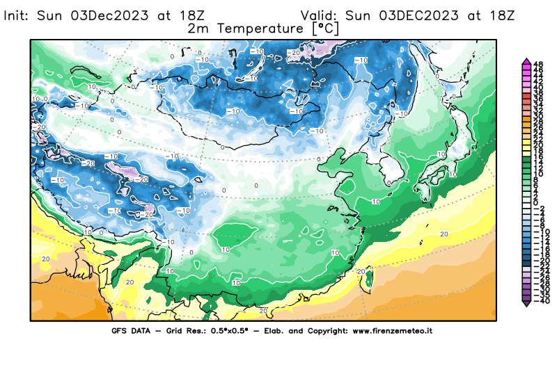 GFS analysi map - Temperature at 2 m above ground in East Asia
									on December 3, 2023 H18