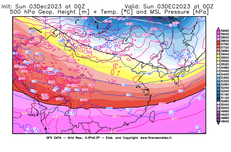 GFS analysi map - Geopotential + Temp. at 500 hPa + Sea Level Pressure in East Asia
									on December 3, 2023 H00