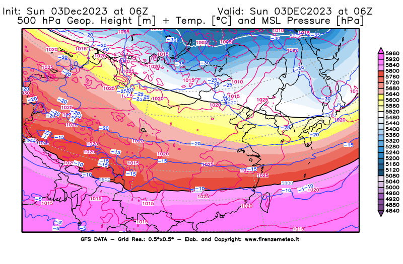 GFS analysi map - Geopotential + Temp. at 500 hPa + Sea Level Pressure in East Asia
									on December 3, 2023 H06