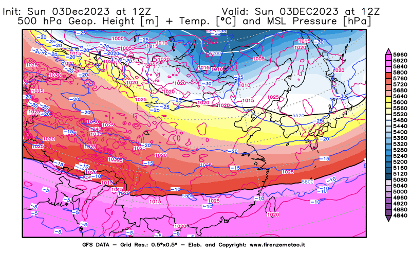 GFS analysi map - Geopotential + Temp. at 500 hPa + Sea Level Pressure in East Asia
									on December 3, 2023 H12