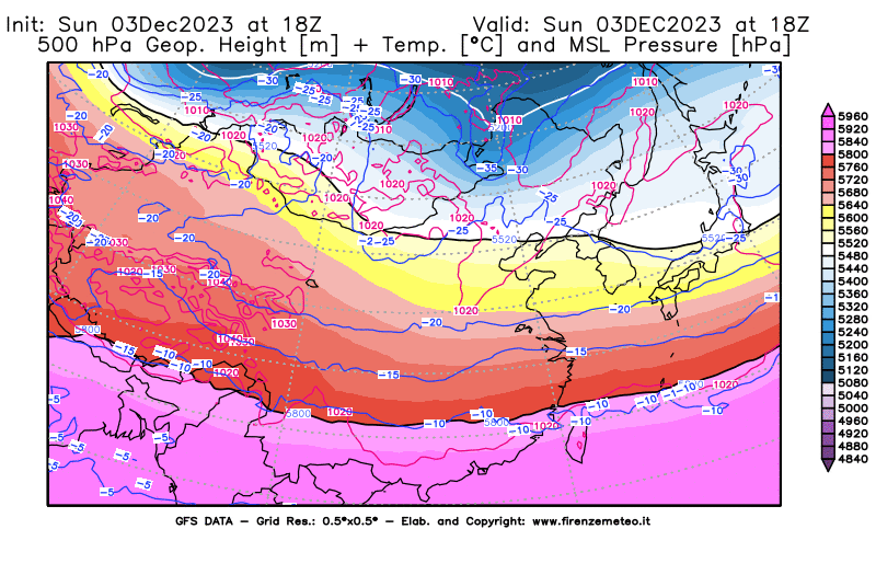 GFS analysi map - Geopotential + Temp. at 500 hPa + Sea Level Pressure in East Asia
									on December 3, 2023 H18