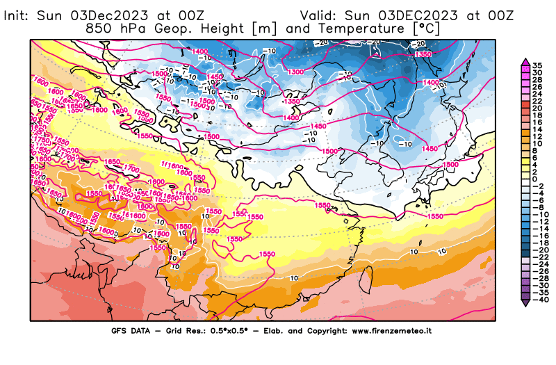 GFS analysi map - Geopotential and Temperature at 850 hPa in East Asia
									on December 3, 2023 H00