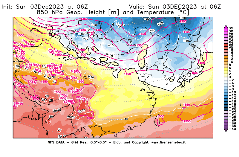 GFS analysi map - Geopotential and Temperature at 850 hPa in East Asia
									on December 3, 2023 H06