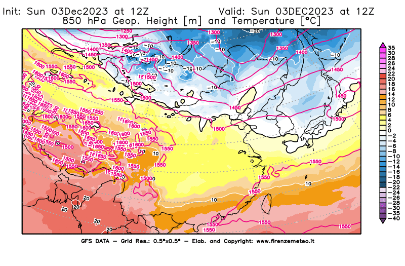 GFS analysi map - Geopotential and Temperature at 850 hPa in East Asia
									on December 3, 2023 H12