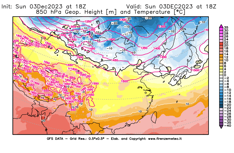 GFS analysi map - Geopotential and Temperature at 850 hPa in East Asia
									on December 3, 2023 H18