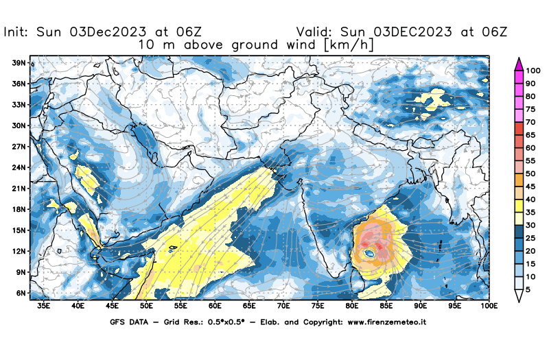 Mappa di analisi GFS - Velocità del vento a 10 metri dal suolo in Asia Sud-Occidentale
							del 3 dicembre 2023 z06