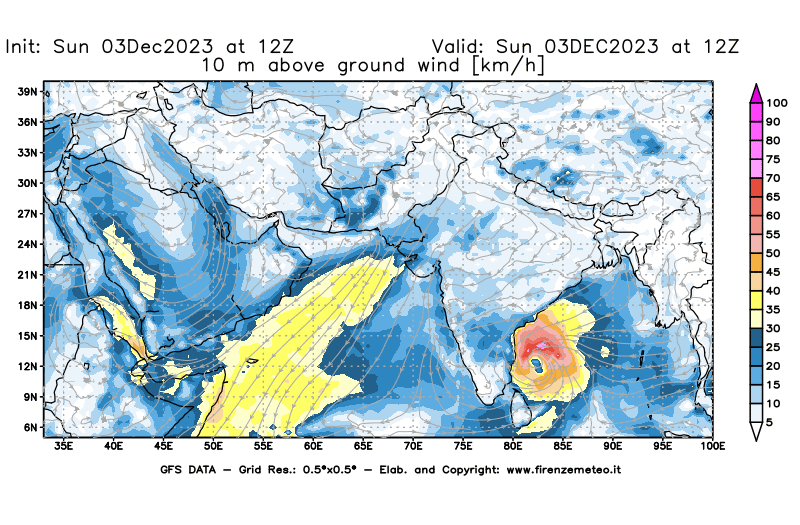 Mappa di analisi GFS - Velocità del vento a 10 metri dal suolo in Asia Sud-Occidentale
							del 3 dicembre 2023 z12