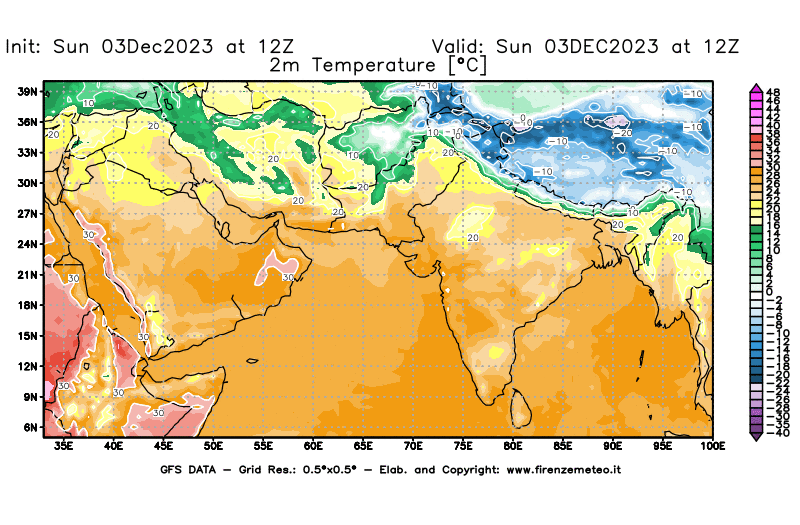 Mappa di analisi GFS - Temperatura a 2 metri dal suolo in Asia Sud-Occidentale
							del 3 dicembre 2023 z12