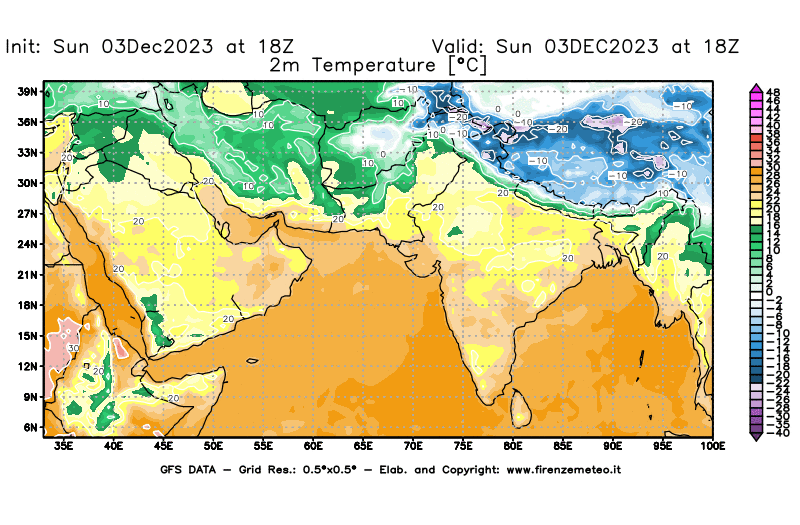 Mappa di analisi GFS - Temperatura a 2 metri dal suolo in Asia Sud-Occidentale
							del 3 dicembre 2023 z18