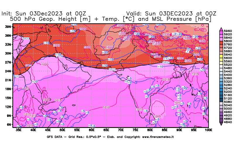 GFS analysi map - Geopotential + Temp. at 500 hPa + Sea Level Pressure in South West Asia 
									on December 3, 2023 H00